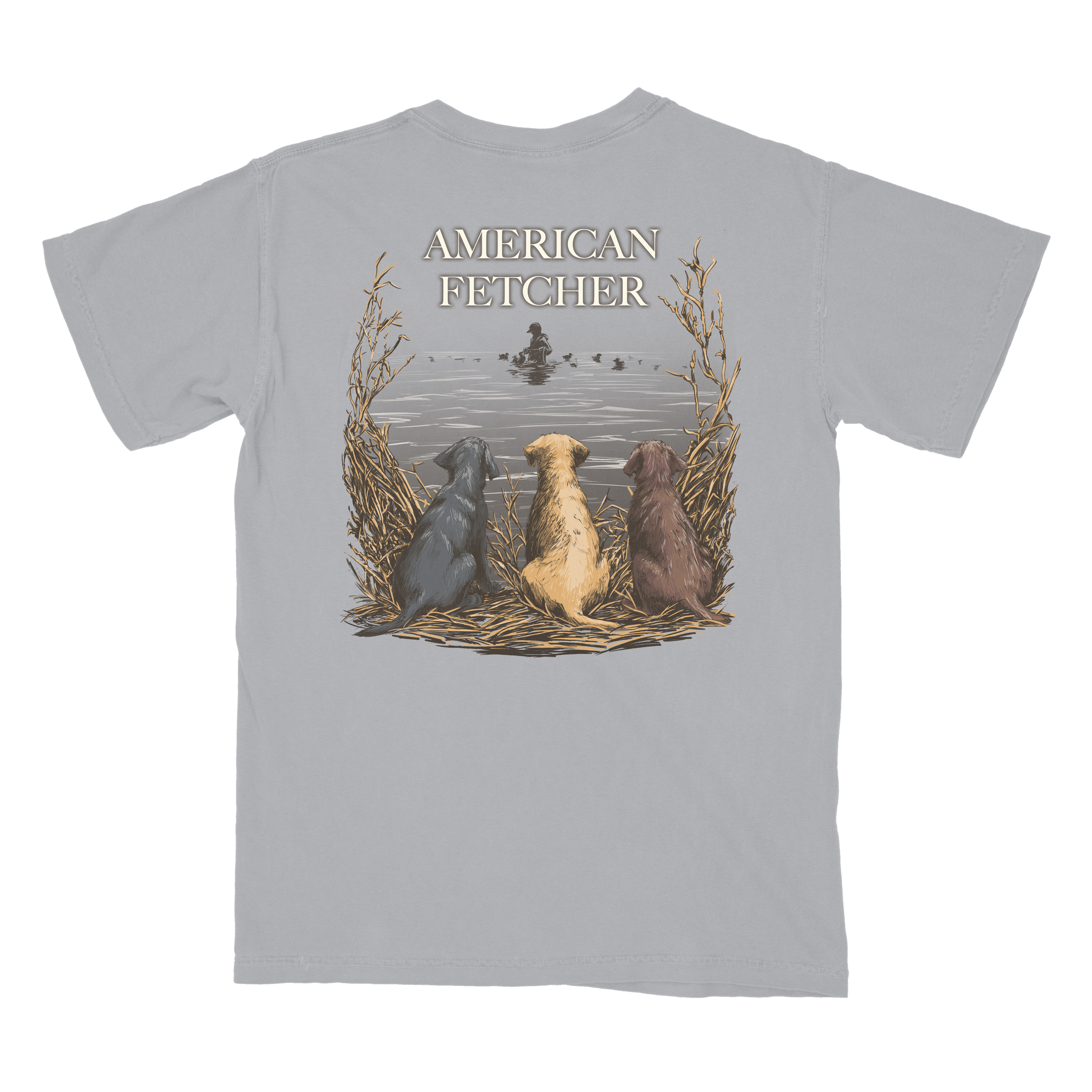 Graphite shirt with back says american fetcher and duck hunter in the water with 3 dogs watching.