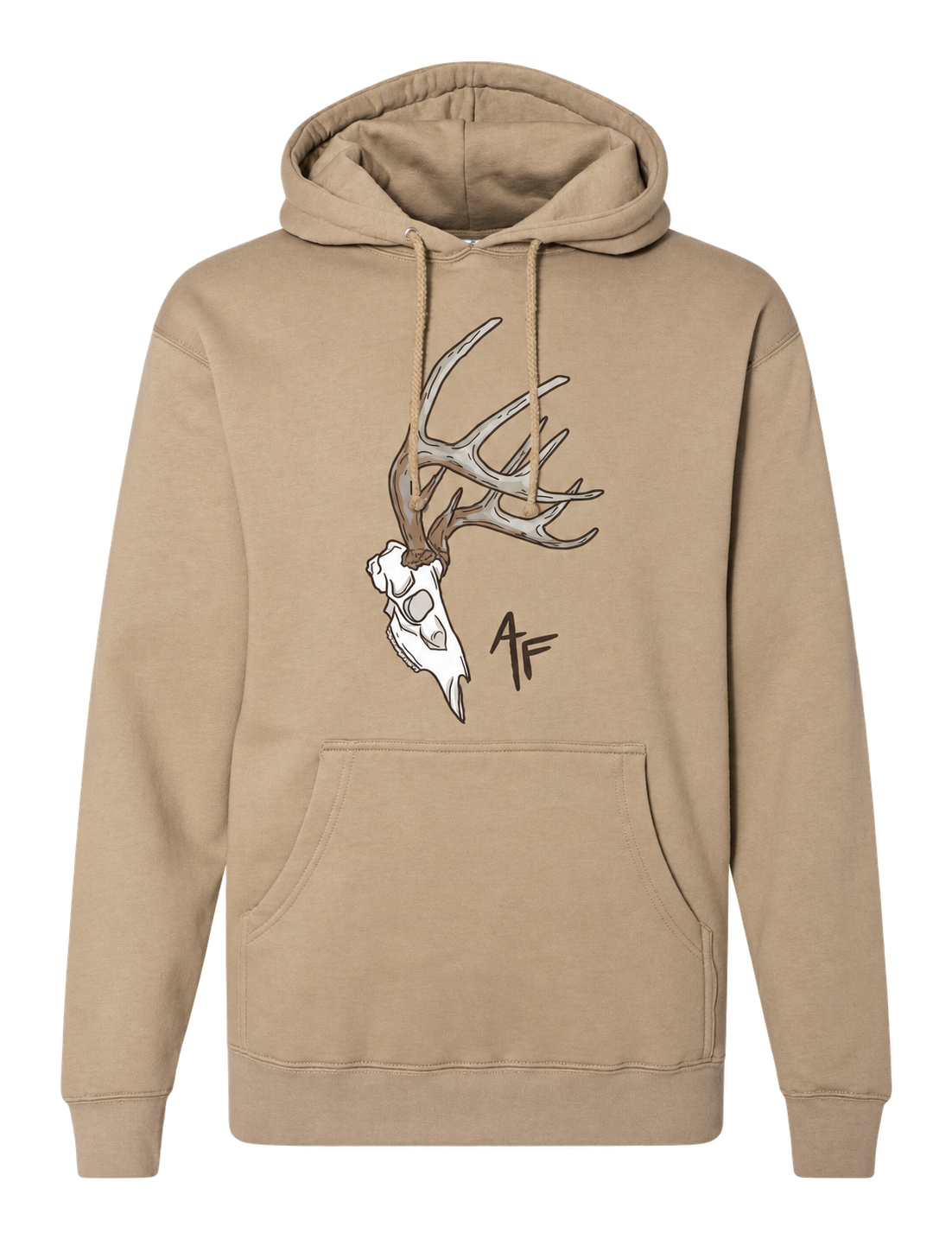 A tan pullover hoodie with a front kangaroo pocket and drawstrings, featuring a graphic of a deer skull with antlers and a stylized 'AF' monogram on the chest.