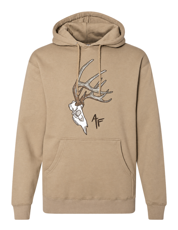 A tan pullover hoodie with a front kangaroo pocket and drawstrings, featuring a graphic of a deer skull with antlers and a stylized 'AF' monogram on the chest.