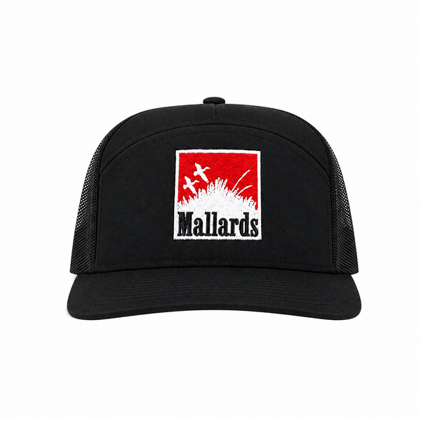 Black 7 panel snapback hat. Design is a two mallards flying in a patch that says "Mallards" in it.