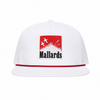A white structured snapback cap with a red and black embroidered 'Mallards' logo patch on the front and a thin red stripe along the brim, shown against a plain white background.