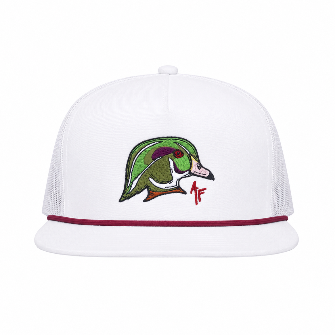 A white trucker-style cap with a green and purple embroidered duck logo on the front and a thin burgundy stripe along the brim, shown against a plain white background.