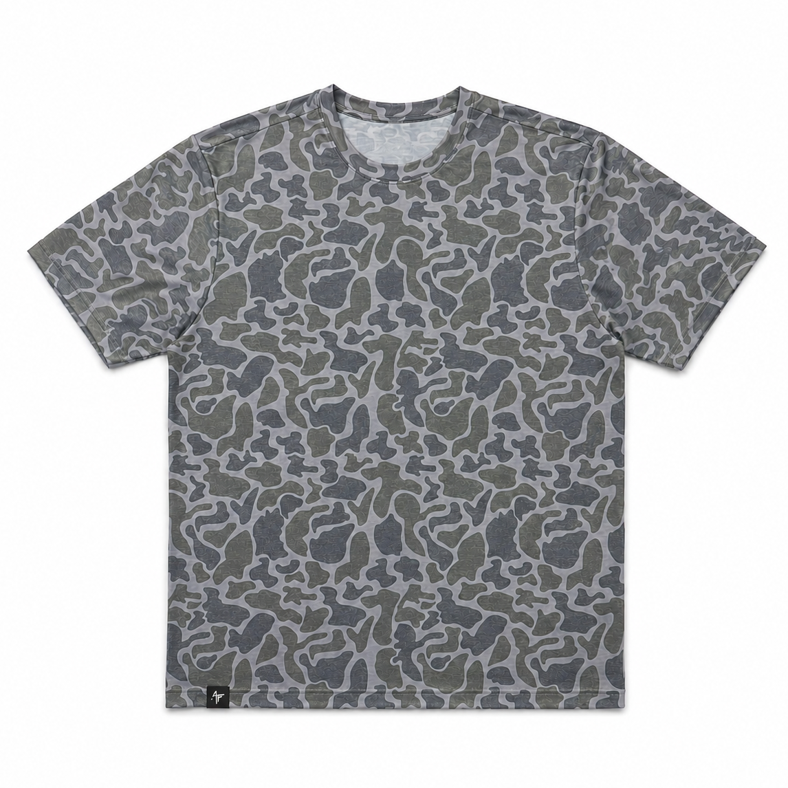 A short-sleeve crewneck t-shirt featuring an all-over abstract camouflage pattern in shades of gray, olive green, and dark charcoal, displayed flat against a solid white background.