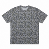 A short-sleeve crewneck t-shirt featuring an all-over abstract camouflage pattern in shades of gray, olive green, and dark charcoal, displayed flat against a solid white background.