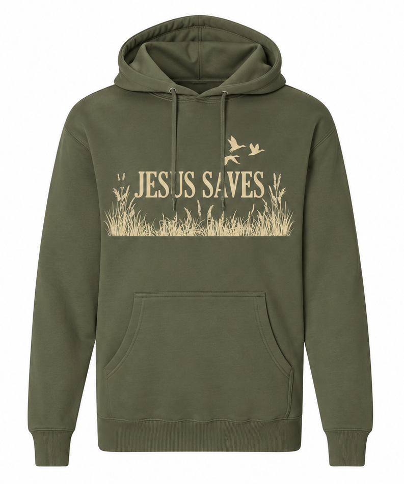 green hoodie that says Jesus saves with 3 ducks flying on the front.