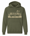 green hoodie that says Jesus saves with 3 ducks flying on the front.