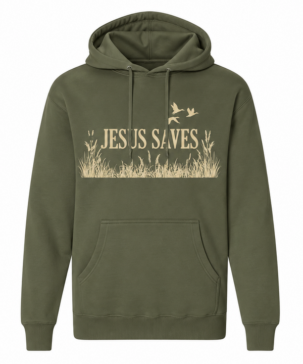 green hoodie that says Jesus saves with 3 ducks flying on the front.