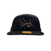 Black cap with deer antler design and logo on a white background