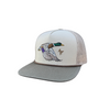 A white and gray trucker hat featuring an embroidered flying mallard duck on the front panel and a small '47' monogram logo on the side, set against a plain white background.