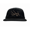 Black hat with a deer antler on it.