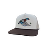 A trucker-style snapback cap featuring a white front panel with an embroidered woodduck design, a dark brown flat brim, and dark brown mesh back panels.