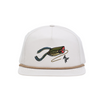 Cream hat with khaki rope. Frog fishing lure design with adjustable snapback.