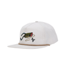 Cream cap with fishing lure design and logo on a white background