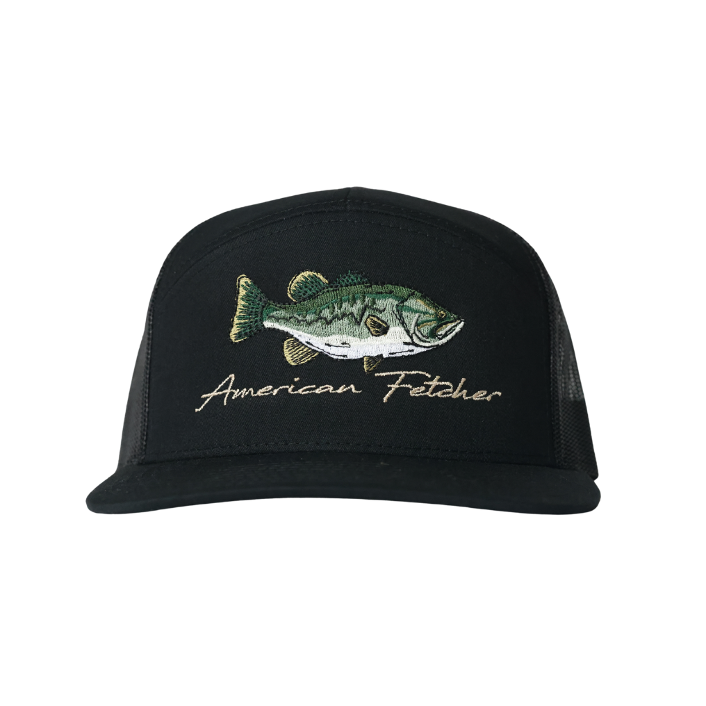 Black cap with fish design and 'American Fetcher' text on a white background
