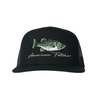Black cap with fish design and 'American Fetcher' text on a white background
