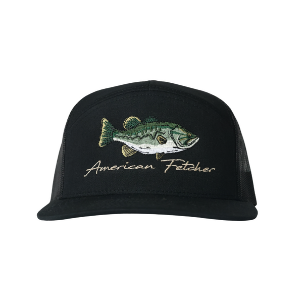 Black cap with fish design and 'American Fetcher' text on a white background