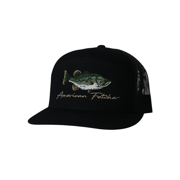 Black cap with fish design and 'American Fletcher' text on a white background