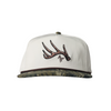 White cap with brown deer antler design on a white background