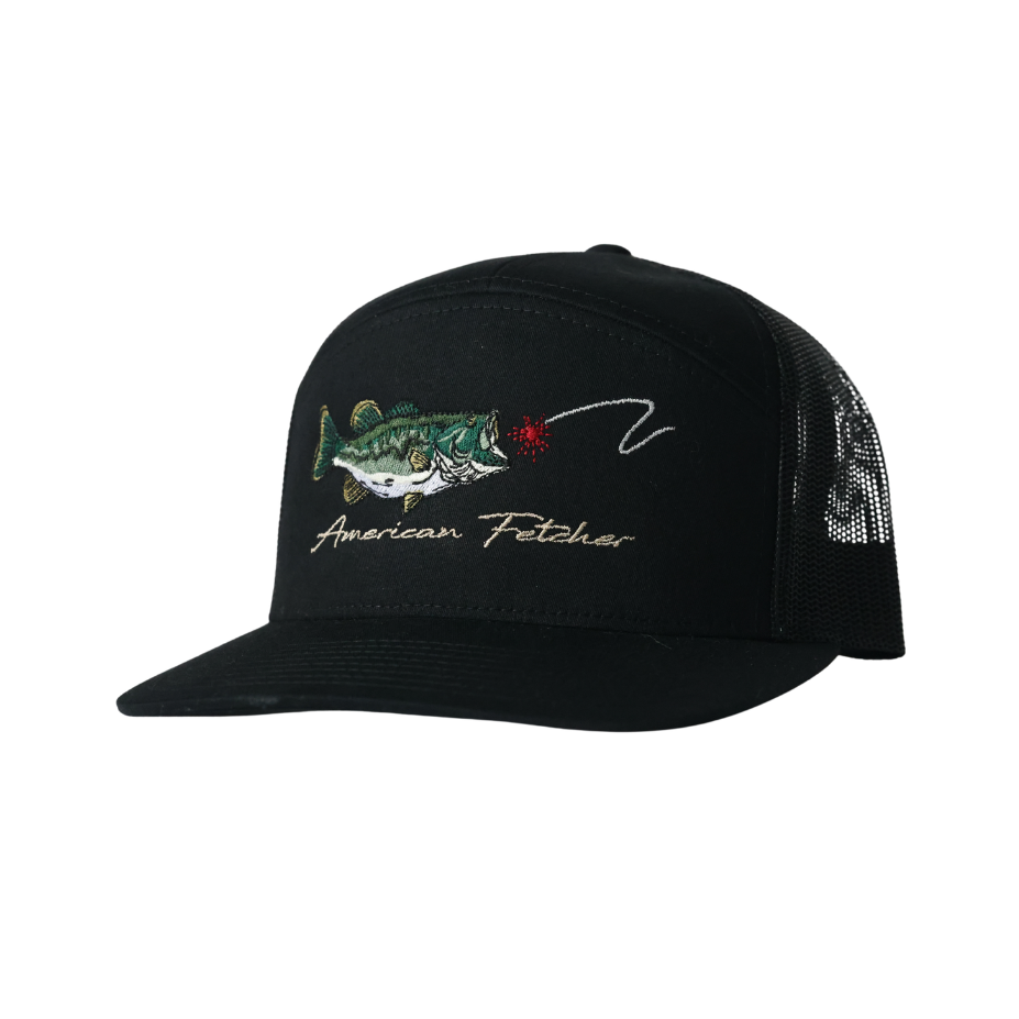 Black cap with embroidered  fish and lure design and 'American Fetcher' text on a white background