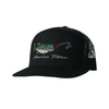 Black cap with embroidered  fish and lure design and 'American Fetcher' text on a white background