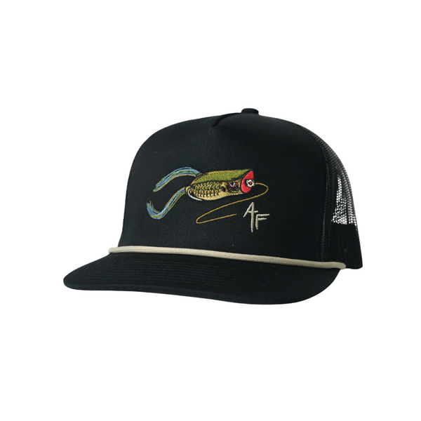 Black cap with a frog lure design and 'AF' logo on a white background