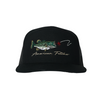 Black cap with fish and lure design and 'American Fetcher' text on a white background