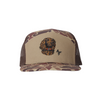 Brown hat with camo bill and camp top. Brown mesh with a boykin spaniel design on the front.