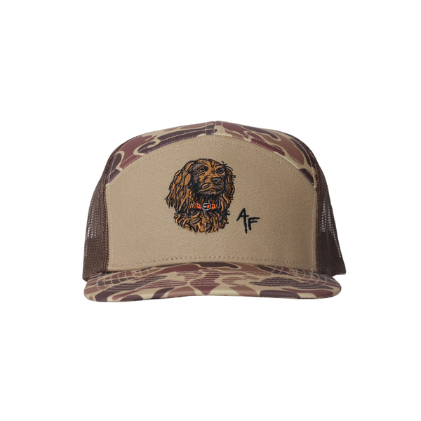 Brown hat with camo bill and camp top. Brown mesh with a boykin spaniel design on the front.