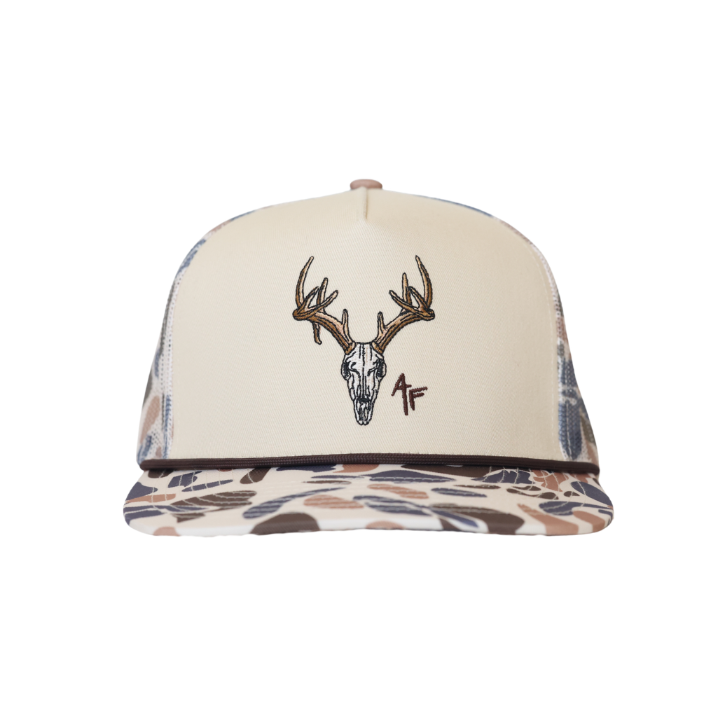 Trucker hat with deer skull design and unique duck pattern on a white background.