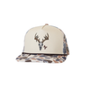 Cap with deer skull design and camouflage pattern on a white background