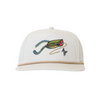 Cream color cap with fishing lure design and logo on a white background
