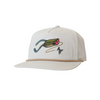 Cream cap with a colorful fish lure design on a white background