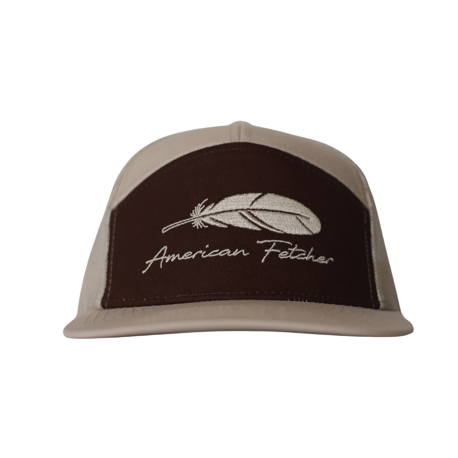 7 panel hat that is brown and khaki with feather design with 'American Fetcher' logo on the front.