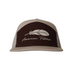 7 panel hat that is brown and khaki with feather design with 'American Fetcher' logo on the front.
