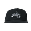 A black flat-brim cap with a white embroidered graphic of a fishing lure on the front, set against a plain white background.