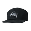 A black flat-brim baseball cap featuring a white embroidered graphic of a baseball player sliding in front of a bat on the front panel.