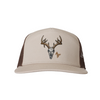 7 panel hat with a deer skull on the front. Khaki on the front and brown mesh on the back.