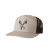 7 panel hat with a deer skull on the front. Khaki on the front and brown mesh on the back.