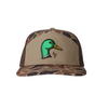 7 panel hat with a mallard duck head design on the front. Hat has brown mesh back and duck camo front look.