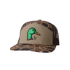 7 panel hat with a mallard duck head design on the front. Hat has brown mesh back and duck camo front look.
