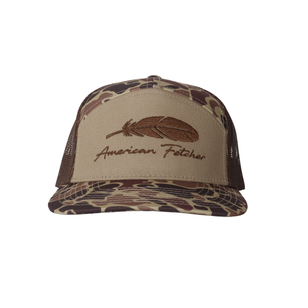 7 panel hat with a duck feather design on the front. Colors are brown mesh with duck camo front look.