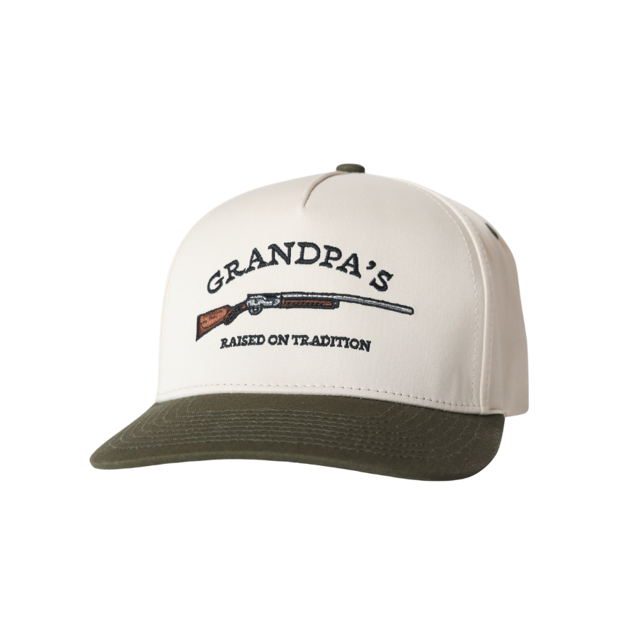 Cream hat that says Grandpa's Raised on Tradition.