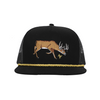 A black trucker hat with a brown embroidered deer on the front, a gold rope trim along the brim, and black mesh side panels, shown against a plain white background.