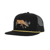 A black trucker hat with a brown embroidered deer on the front, a gold rope detail around the brim, and a black mesh back.