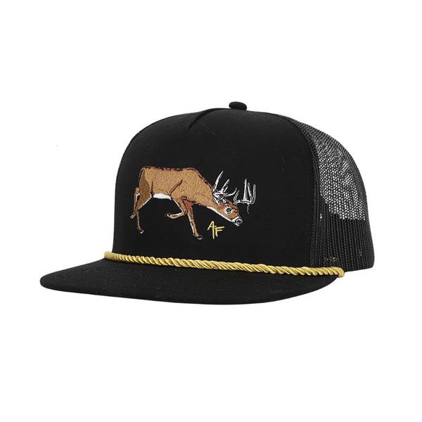 A black trucker hat with a brown embroidered deer on the front, a gold rope detail around the brim, and a black mesh back.