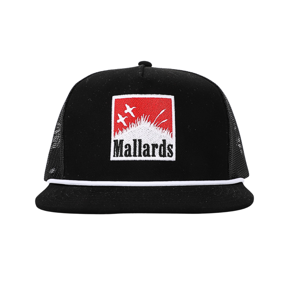 A black trucker hat with a red and white embroidered patch on the front that reads 'Mallards'. The hat features black mesh back panels and a white stripe along the edge of the flat brim, set against a plain white background.