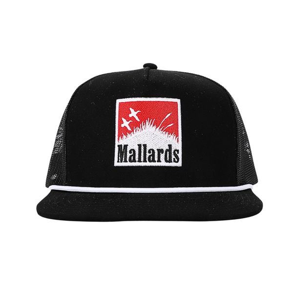 A black trucker hat with a red and white embroidered patch on the front that reads 'Mallards'. The hat features black mesh back panels and a white stripe along the edge of the flat brim, set against a plain white background.