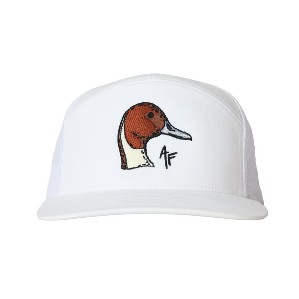 A white trucker-style cap featuring an embroidered pintail duck head on the front panel, with a small black 'AF' monogram logo below it, set against a plain white background.