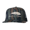 A camouflage trucker hat with a white embroidered feather and 'American Fetcher' text on the front, shown against a plain white background.