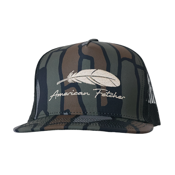 A camouflage trucker hat with a white embroidered feather and 'American Fetcher' text on the front, shown against a plain white background.